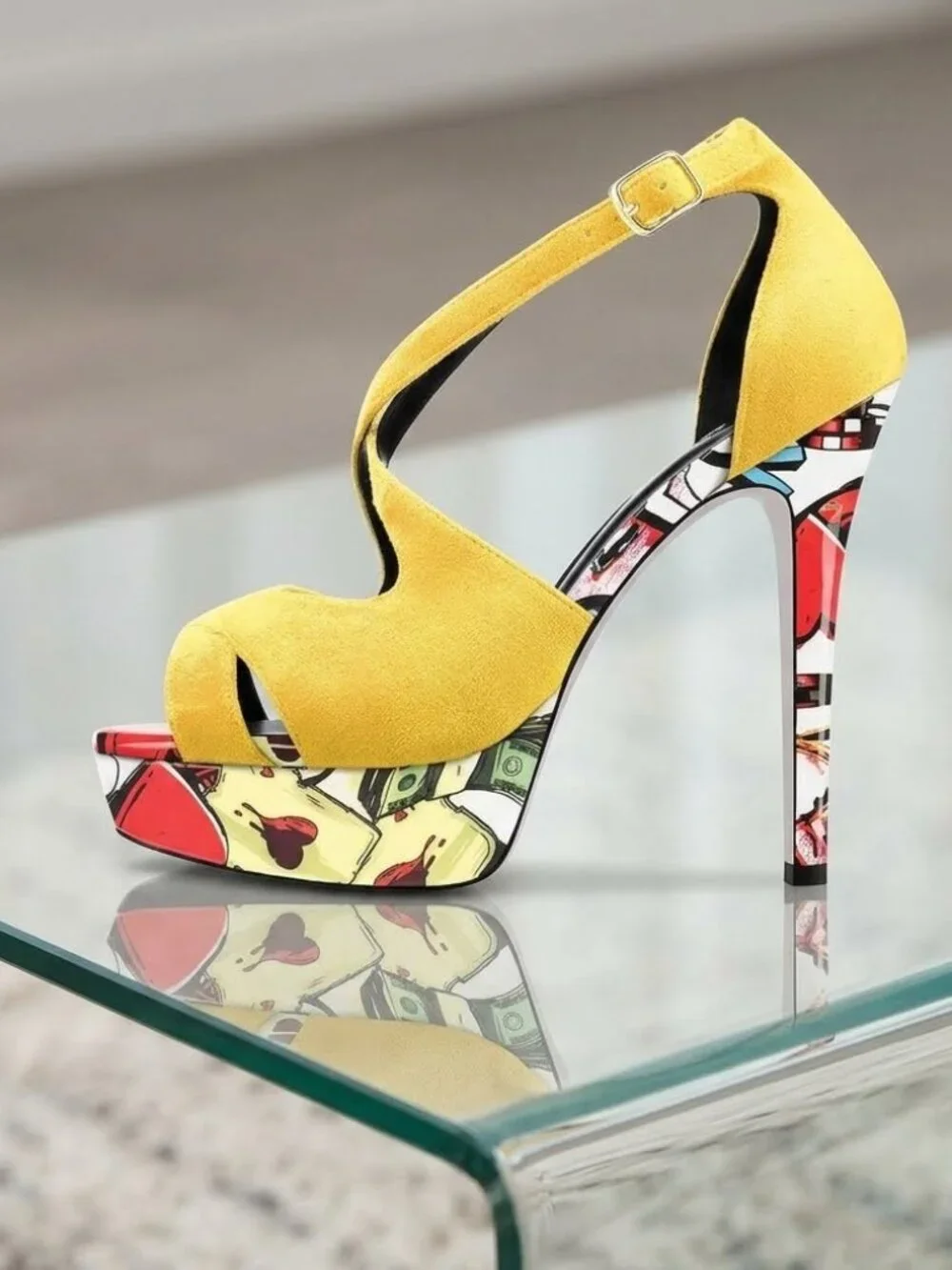 Yellow Stiletto Platform Ankle Strap Peep Toe Sandals